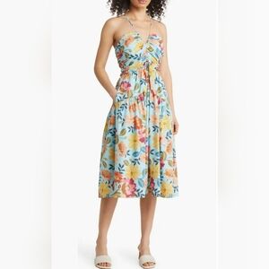 VINCE CAMUTO Floral Cotton Poplin Midi Dress halter-style Side-seam pockets!